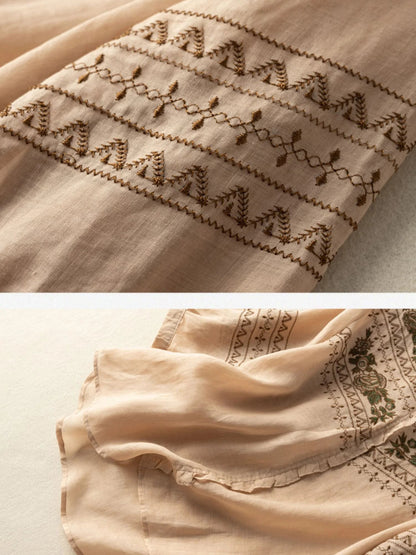 Embroidered Crew Neck 3/4 Sleeve Casual Linen Top
