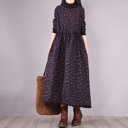 Winter Korean Style High-neck Plush Floral Dress