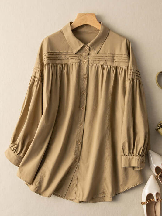 100% Natural Fabric Pleated Long-Sleeved Loose Casual Shirt