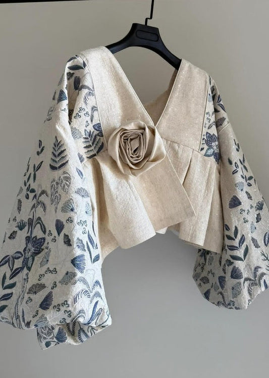 Original Design Beige V Neck Floral Patchwork Cotton Coats Lantern Sleeve