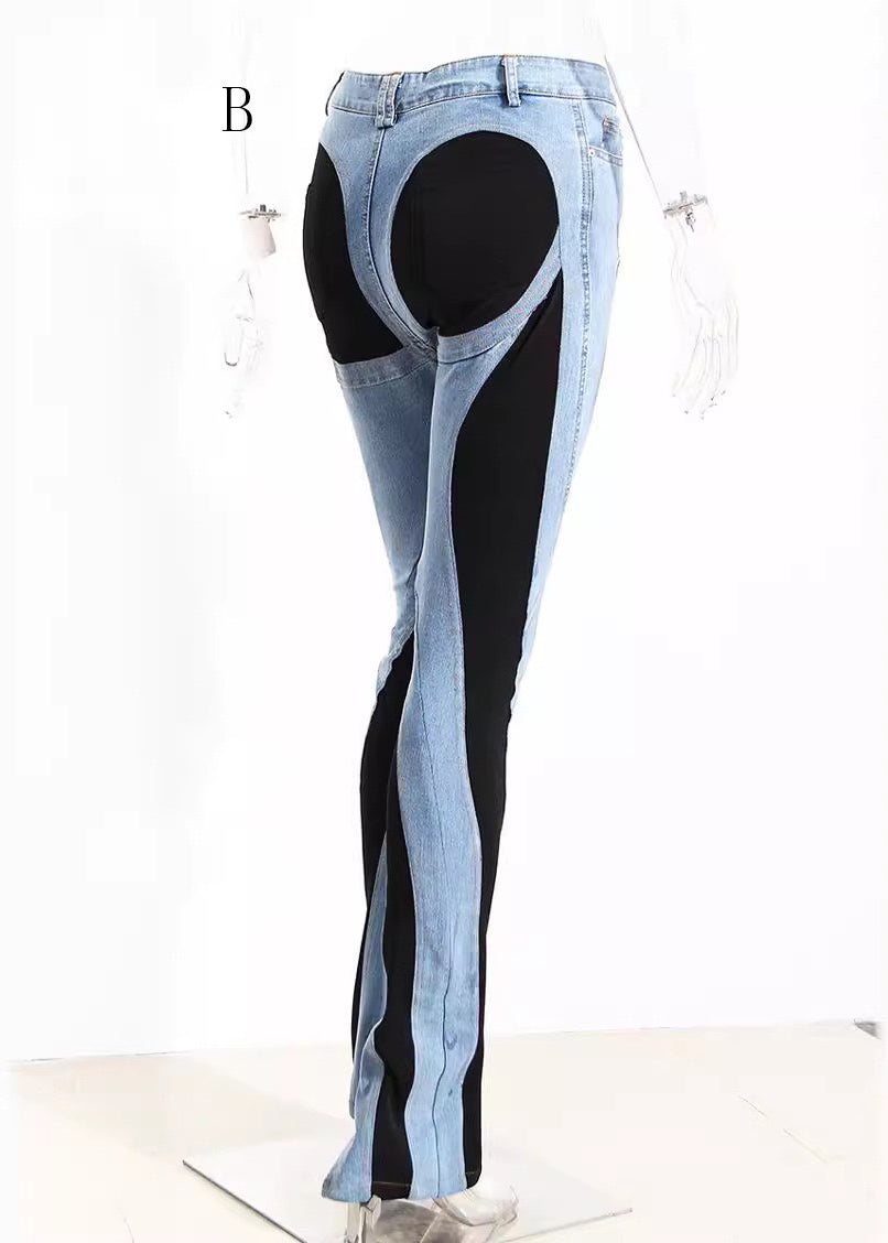 Sexy Hollow Out Tulle Patchwork Denim Trousers Fall