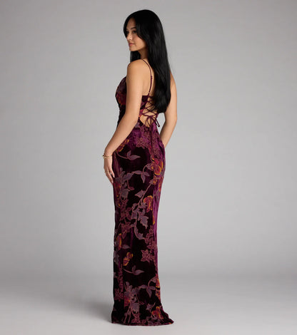 Melanie Floral Velvet Lace-Up Formal Dress