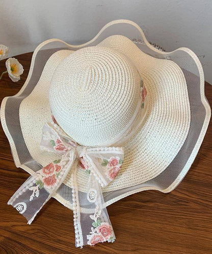 French Beige Ruffled Lace Bow Floppy Sun Hat