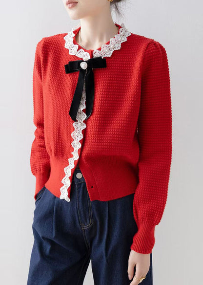 Bohemian Red Bow Nail Bead Knit Cardigan Winter