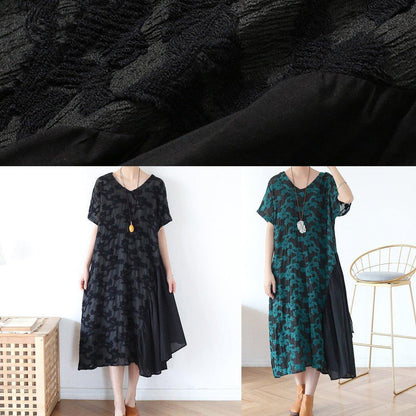 Beautiful v neck pockets tunic top design green print A Line Dresses