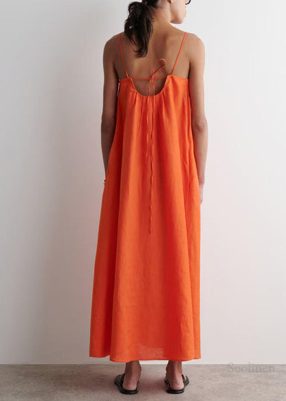 Bohemian Orange Oversized Linen Spaghetti Strap Dress Summer