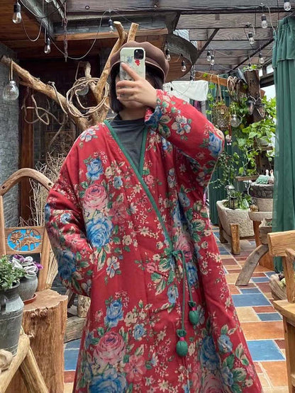 Women Floral Print Ethnic Button Shawl Coat
