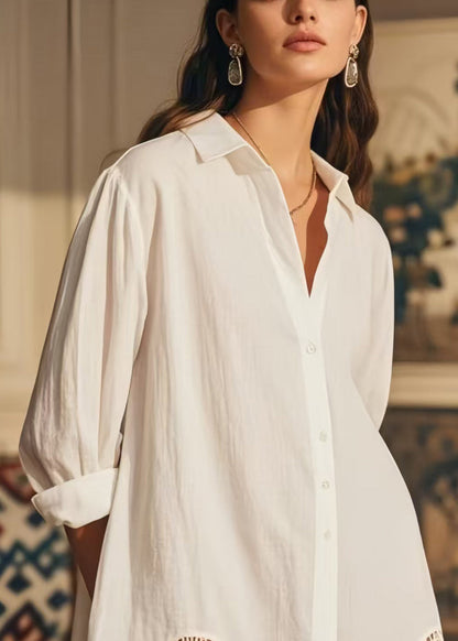 Elegant White Oversized Hollow Out Cotton Long Shirts Spring