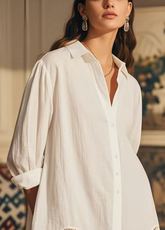 Elegant White Oversized Hollow Out Cotton Long Shirts Spring