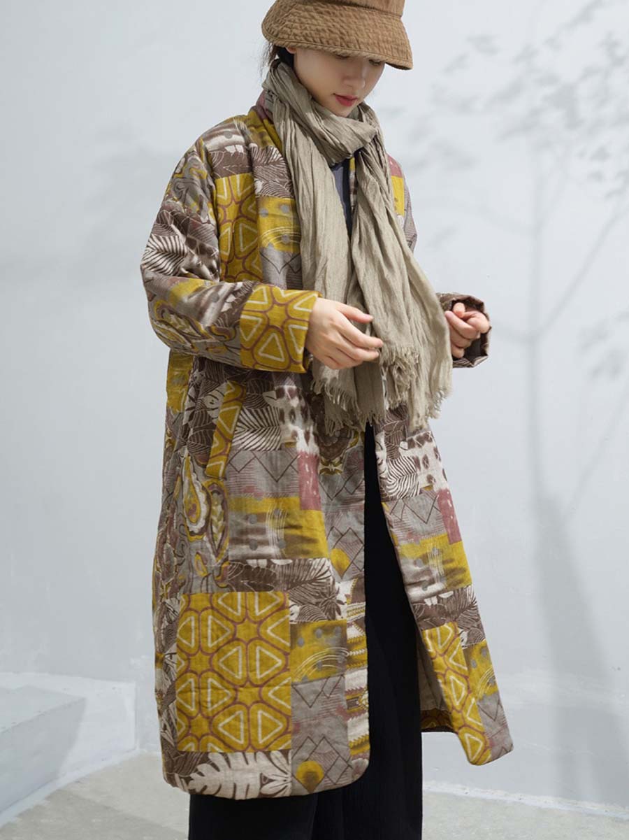 Women Winter Artsy Print Frog Loose Long Coat