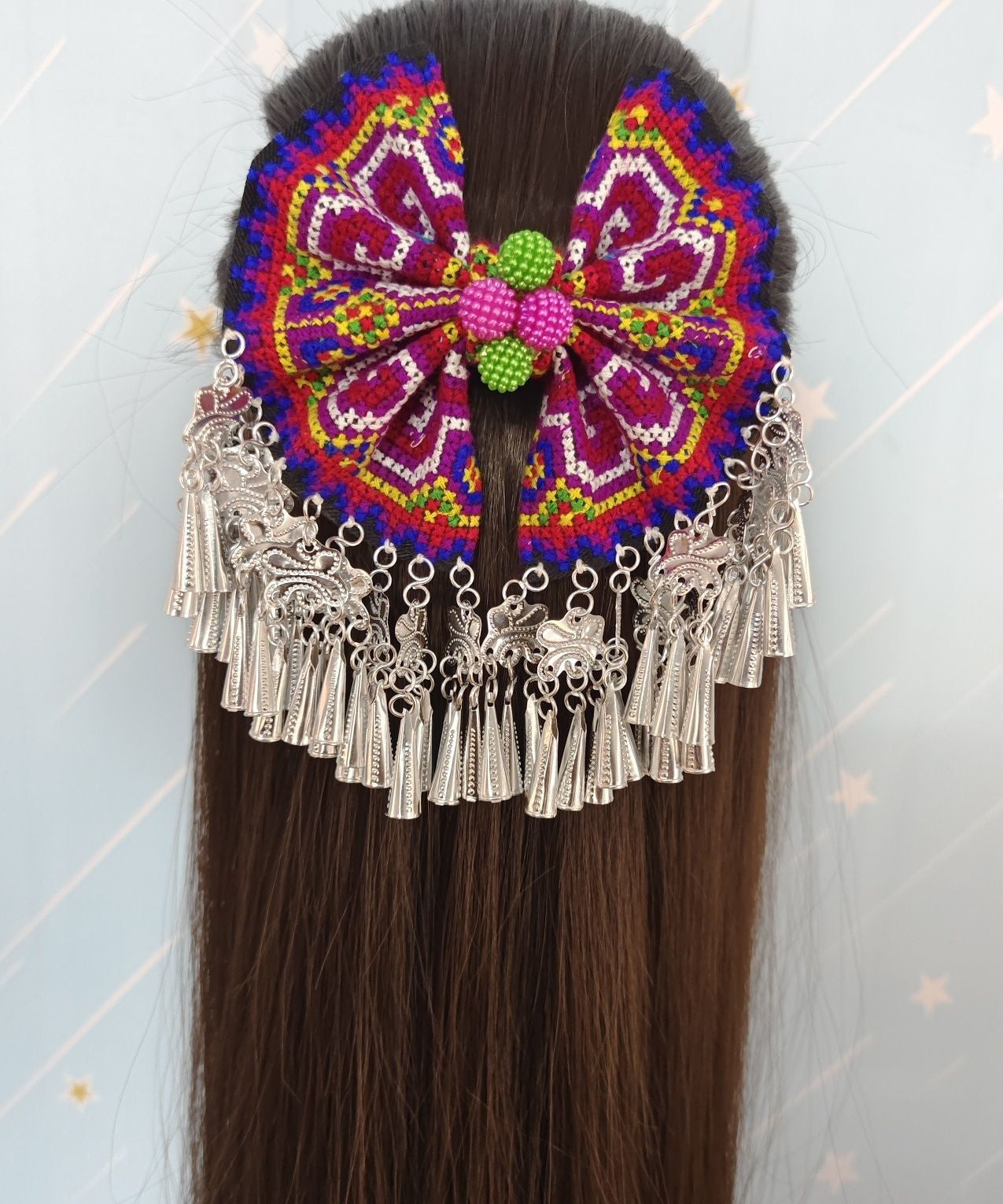 Retro Green Sterling Silver Embroidery Tassel Hairpin