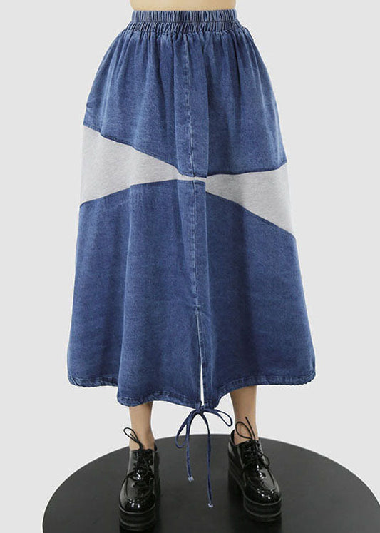 Women Blue white elastic waist drawstring Patchwork denim Skirt