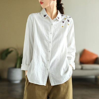 Art Vintage Double Layer Cotton Long Sleeve Floral Embroidery Shirt