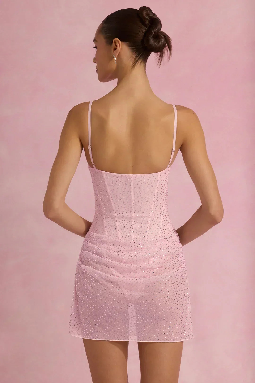 Kateproms Semi-Sheer Draped Corset Mini Dress With Sparkling Embellishments In Pink