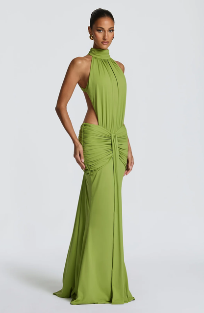 Halter Cutout Ruched Waist Mermaid Maxi Evening Dress