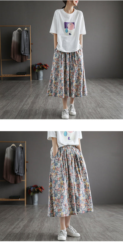 Literary Pleated Elastic Waist Floral A-Line Skirt