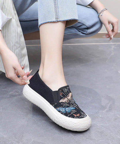 Women Casual Embroidered Flats Black Cotton Fabric