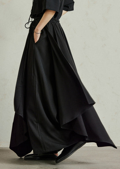 Chic Black Asymmetrical Pockets Patchwork Elastic Waist Pants Skirt