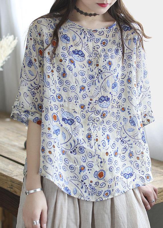 Natural White O-Neck Print Patchwork Summer Ramie Shirt Tops