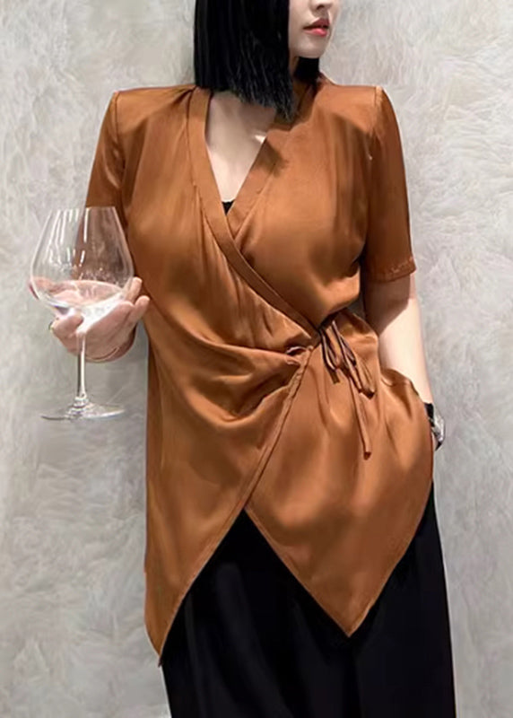 Chic Caramel V Neck Tie Waist Shirt Short Sleeve