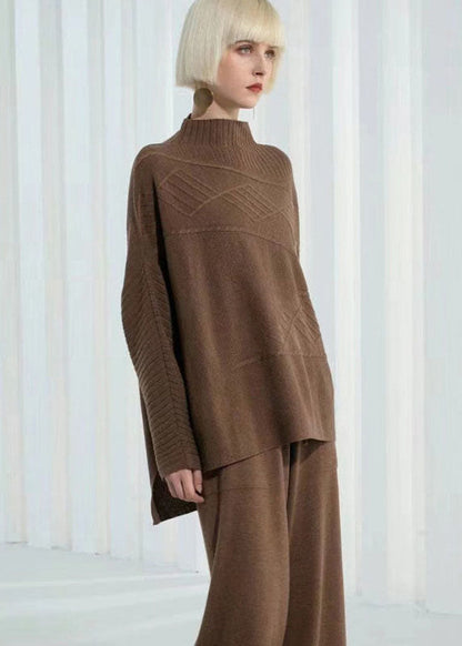 DIY Khaki Stand Collar Oversized Side Open Knit Sweaters Long Sleeve