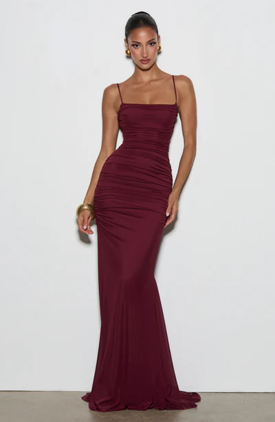Spaghetti Strap Ruched Lace-Up Back Mermaid Gown