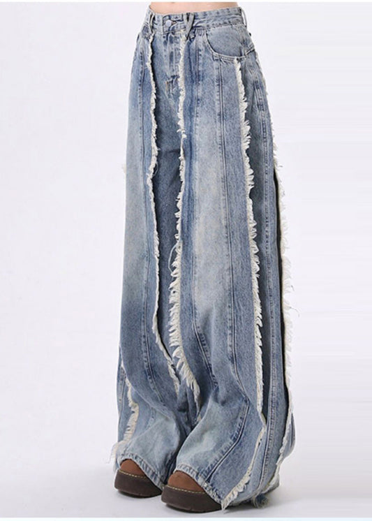 Bohemian Blue Tasseled Patchwork Denim Straight Pants Spring