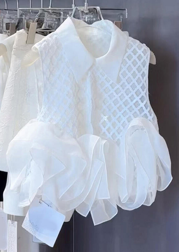Stylish White Peter Pan Collar Plaid Shirts And Shorts Cotton Two Piece Set Sleeveless