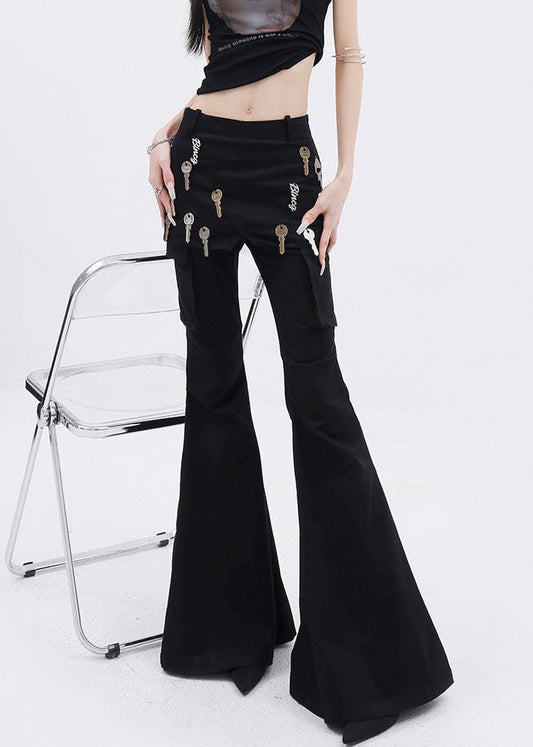 Women Black False Two Pieces Patchwork Denim Flared Trousers Fall