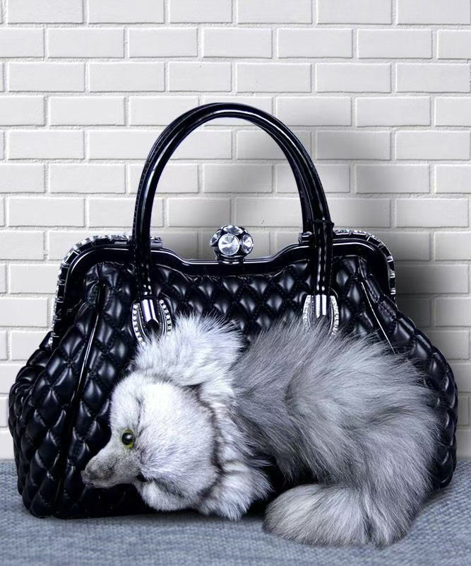 Style Red Fox Fur Decorated Faux Leather Tote Handbag