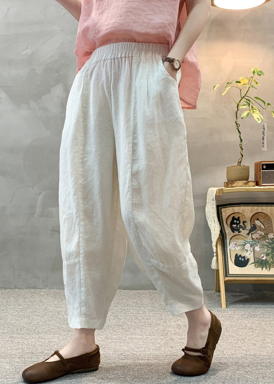 Casual White Elastic Waist Linen Harem Pants Summer
