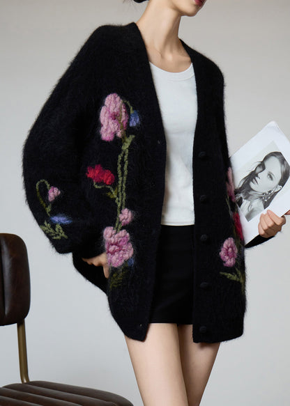 Beautiful Black V Neck Embroidered Knit Coat Fall