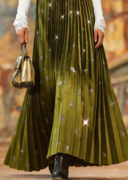 Women Green Wrinkled Zircon Velvet Skirts Spring