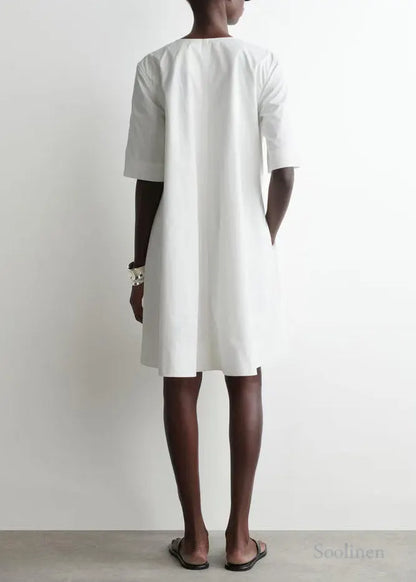 Plus Size White Zip Up Cotton Day Dress Half Sleeve