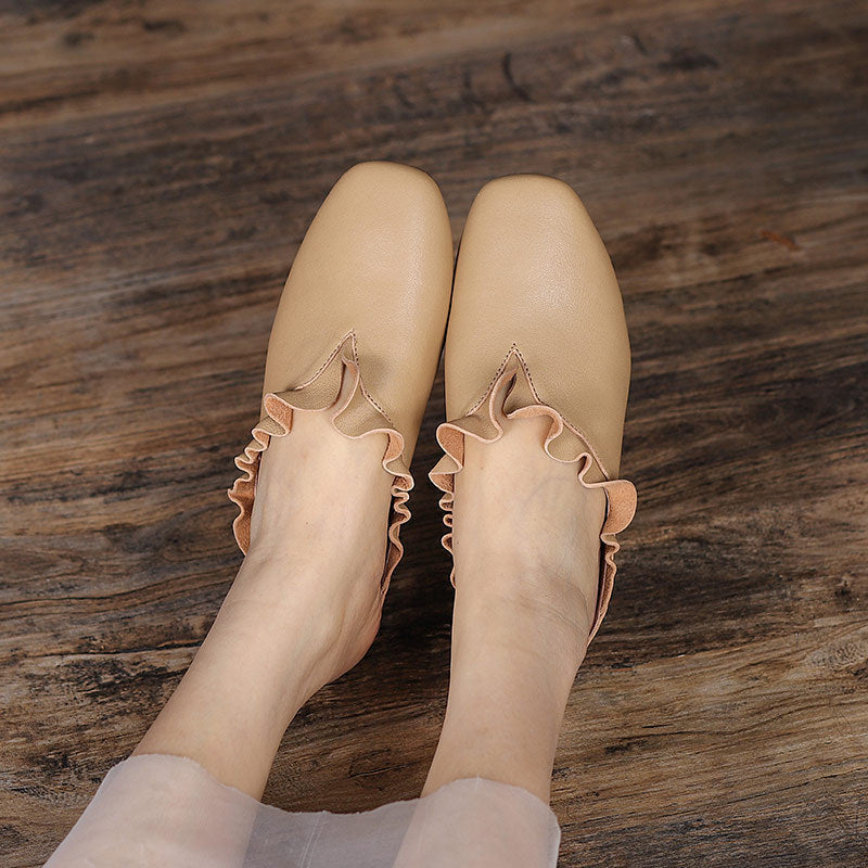 Women Summer Vintage Leather Ruffle Trim Casual Slippers