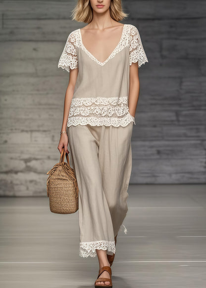 Boho Khaki V Neck Lace Patchwork Two Piece Set Women Clothing Summer