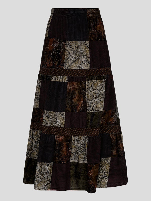 Women's Skirts Retro Contrast Stitching Velvet Long Skirt