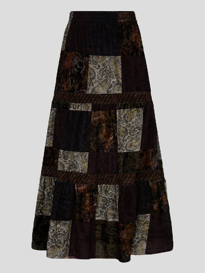 Women's Skirts Retro Contrast Stitching Velvet Long Skirt