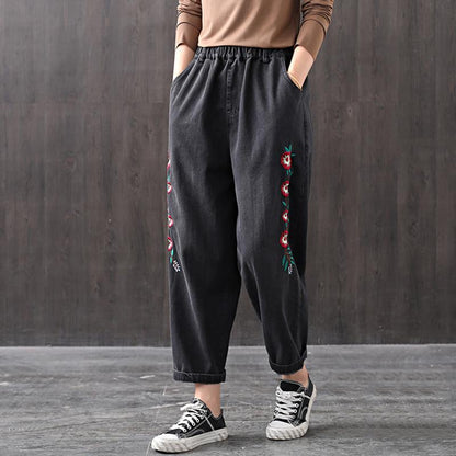 Autumn Loose Embroidery Harem Denim Trousers
