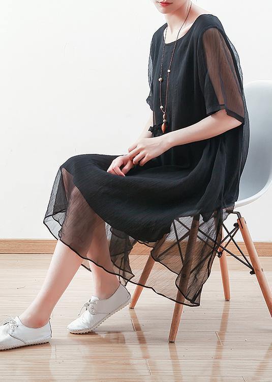 Italian black chiffon dresses Casual o neck Cinched long summer Dress