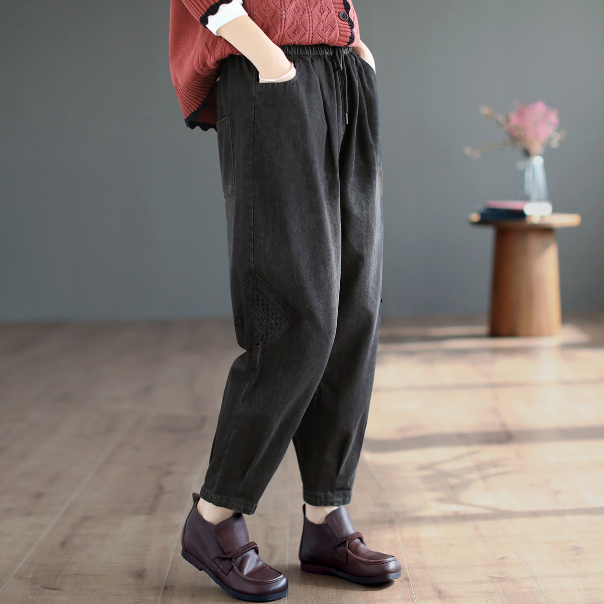 Women Autumn Solid Retro Cotton Jeans