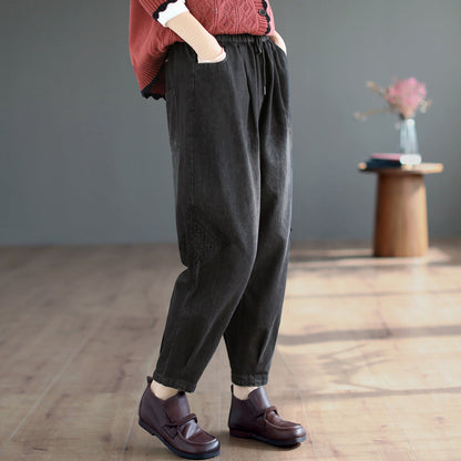 Women Autumn Solid Retro Cotton Jeans