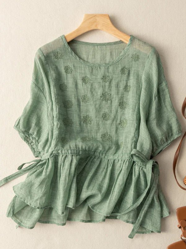 Embroidered Crew Neck Half Sleeve Casual Linen Top