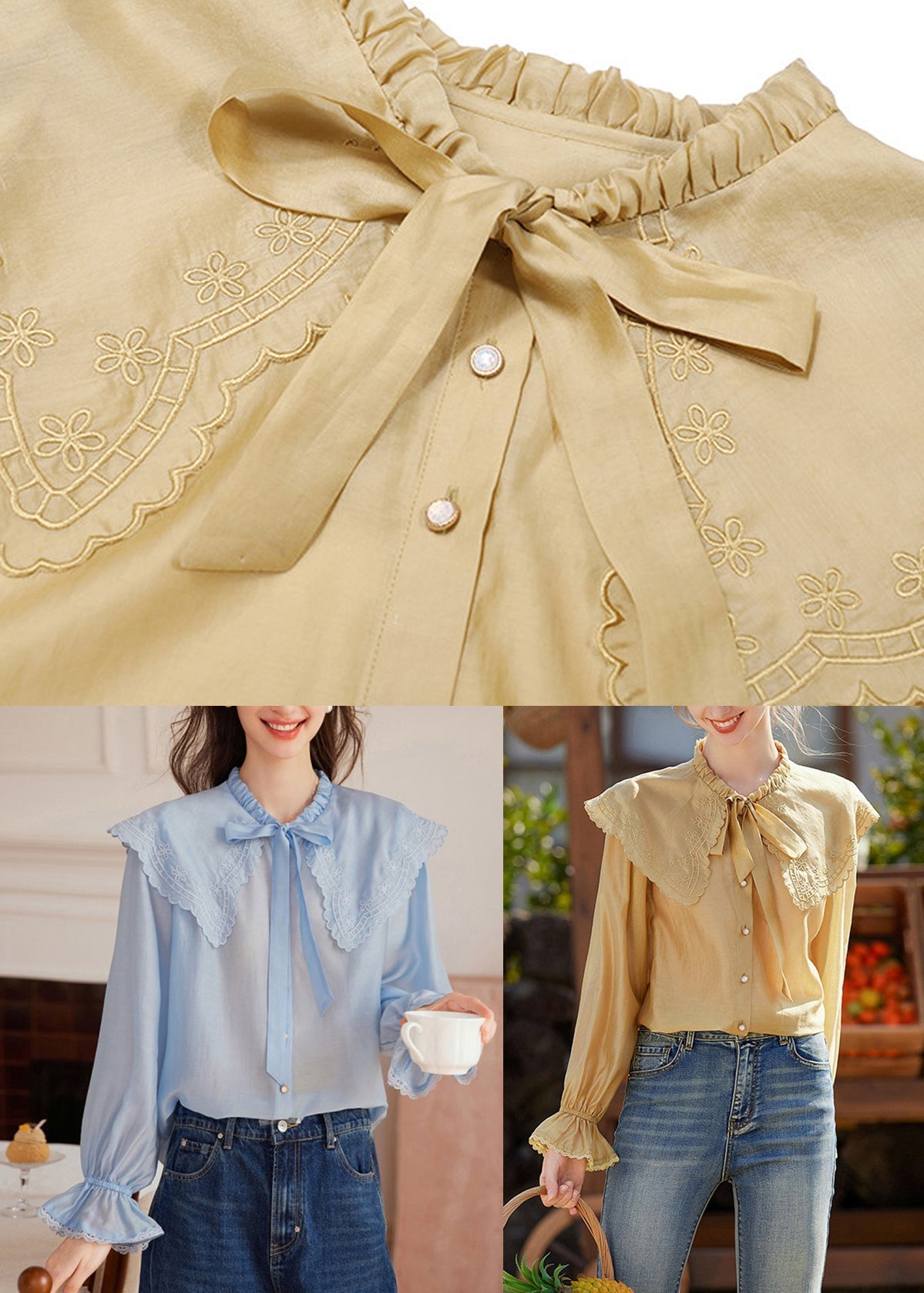 Blue Embroidered Floral Tie Lace Tops Fall
