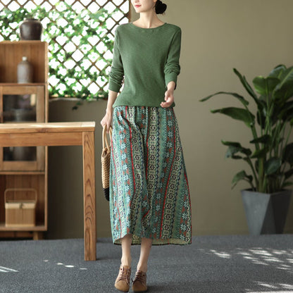 Retro Print Casual Cotton Linen A-Line Skirt