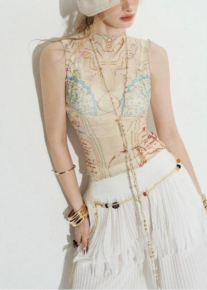Beige Print Thin Tulle Tank Sleeveless Turtleneck
