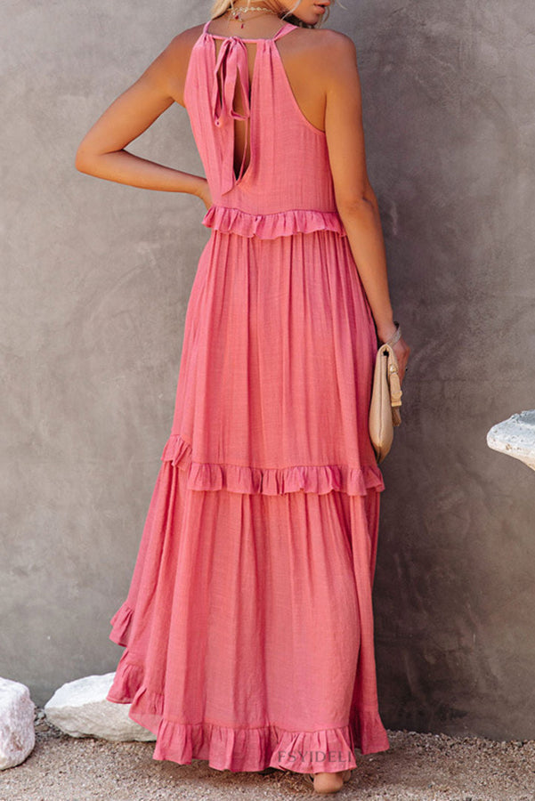 Blue Vittoria Shirred Ruffle Tiered Maxi Halter Dress