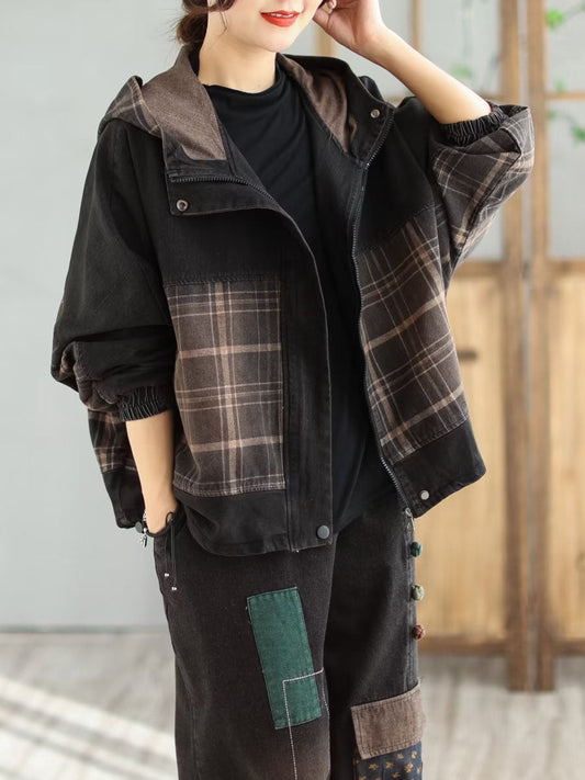 Women Spring Vintage Spliced Denim Hooded Coat