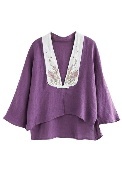 Fashion Purple Retro Embroideried Patchwork Summer Linen Blouse