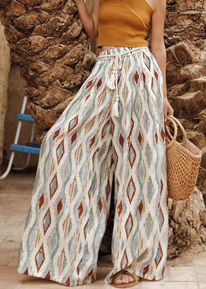 Bohemian Plaid Print Elastic Waist Cotton Wide Leg Pants Summer